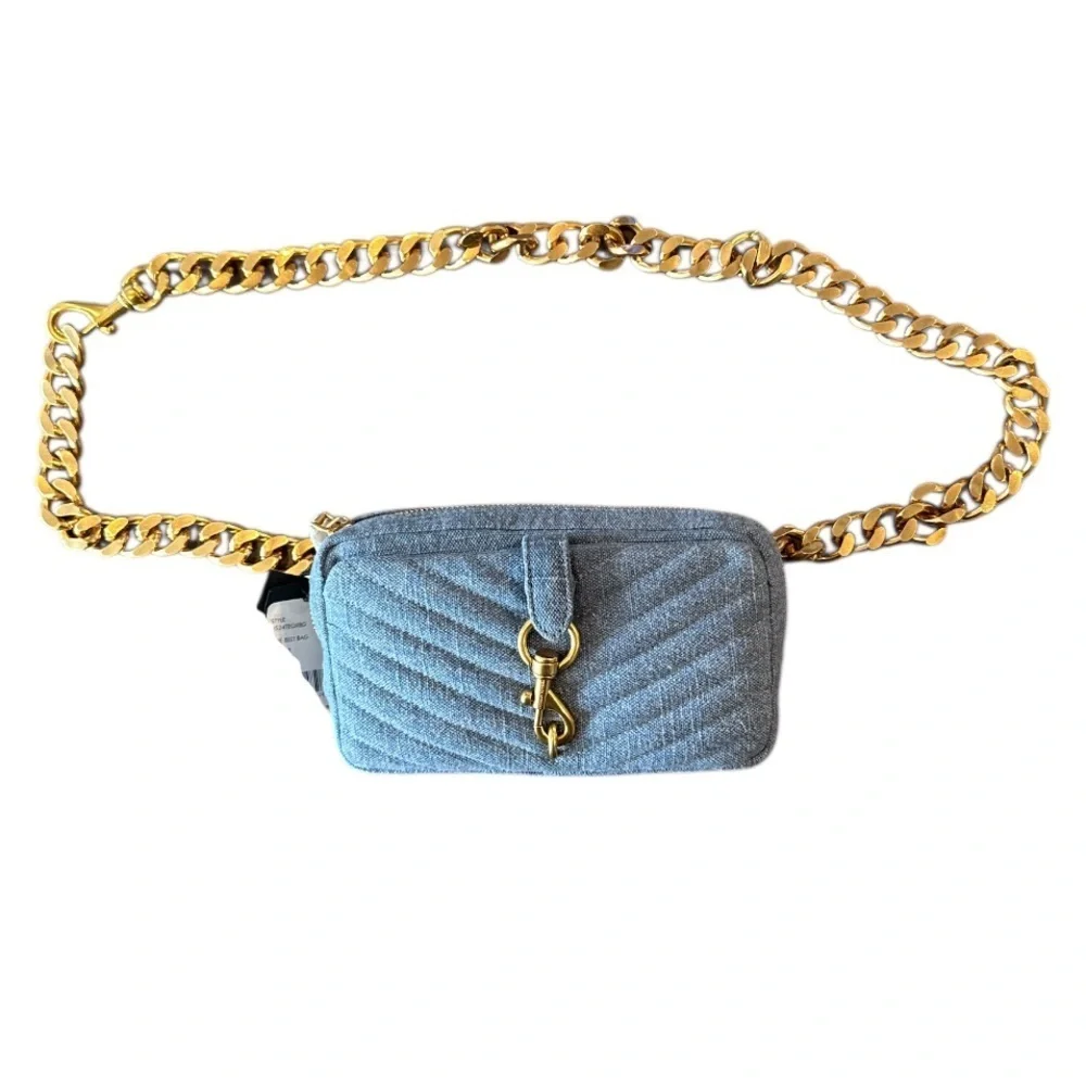 Rebecca Minkoff Eddie Blue Denim Chevron Quilted Gold Chain Belt Bag NWT